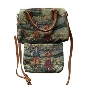 VTG Holdings Tapestry Golfing Scene Tapestry Shoulder Bag SET. W Matching Pouch